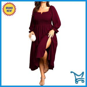 Plus Size Maxi Dress Long Sleeve Square Neck Smocked Wedding Guest Flowy